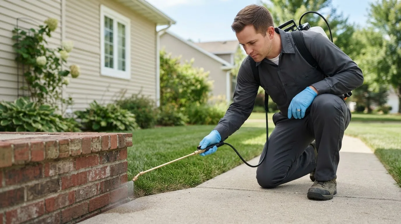 Pest control technician treating a home near Goltry, OK