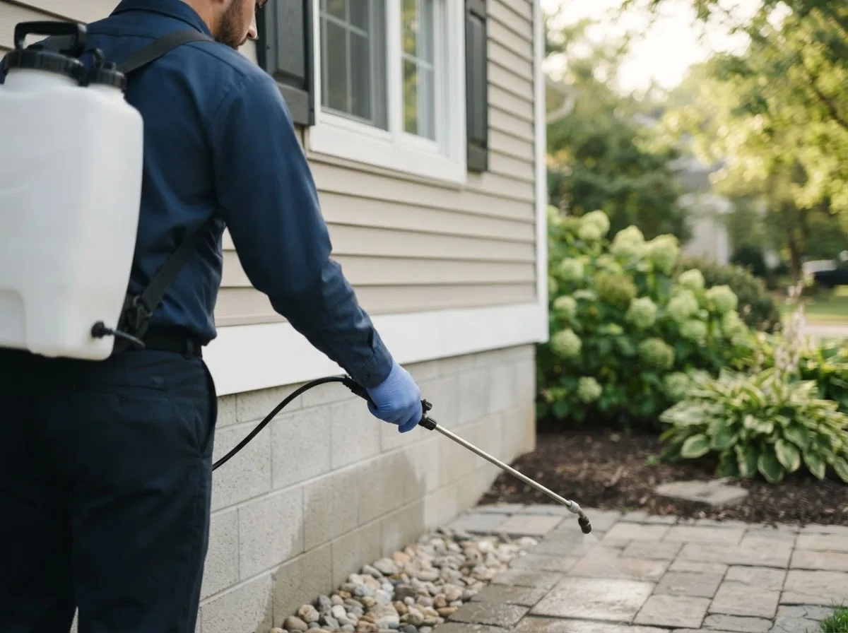 Pest control technician inspecting a home in Goltry, OK